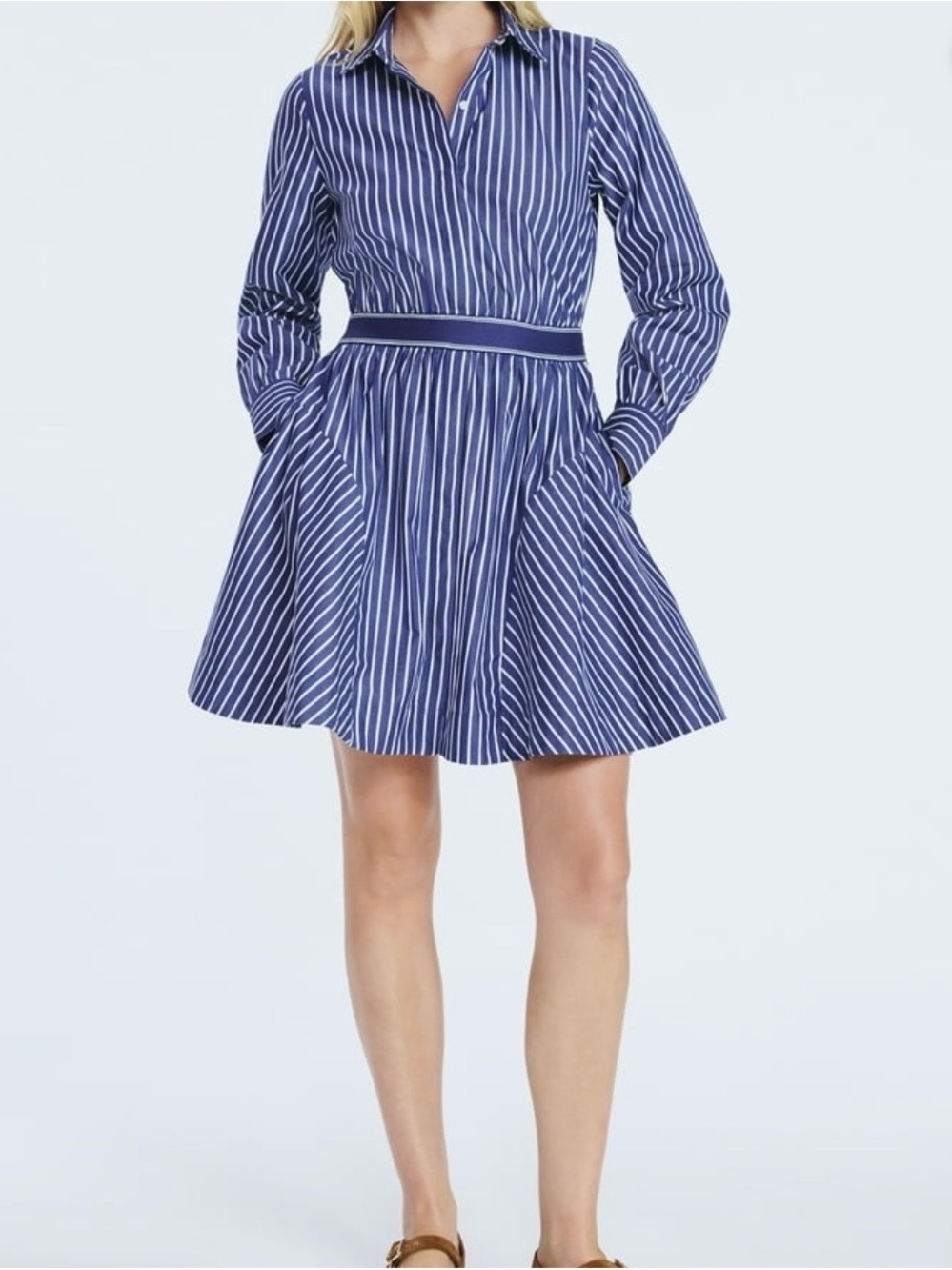 Blue Striped Collared Mini Dress with Waist Detail